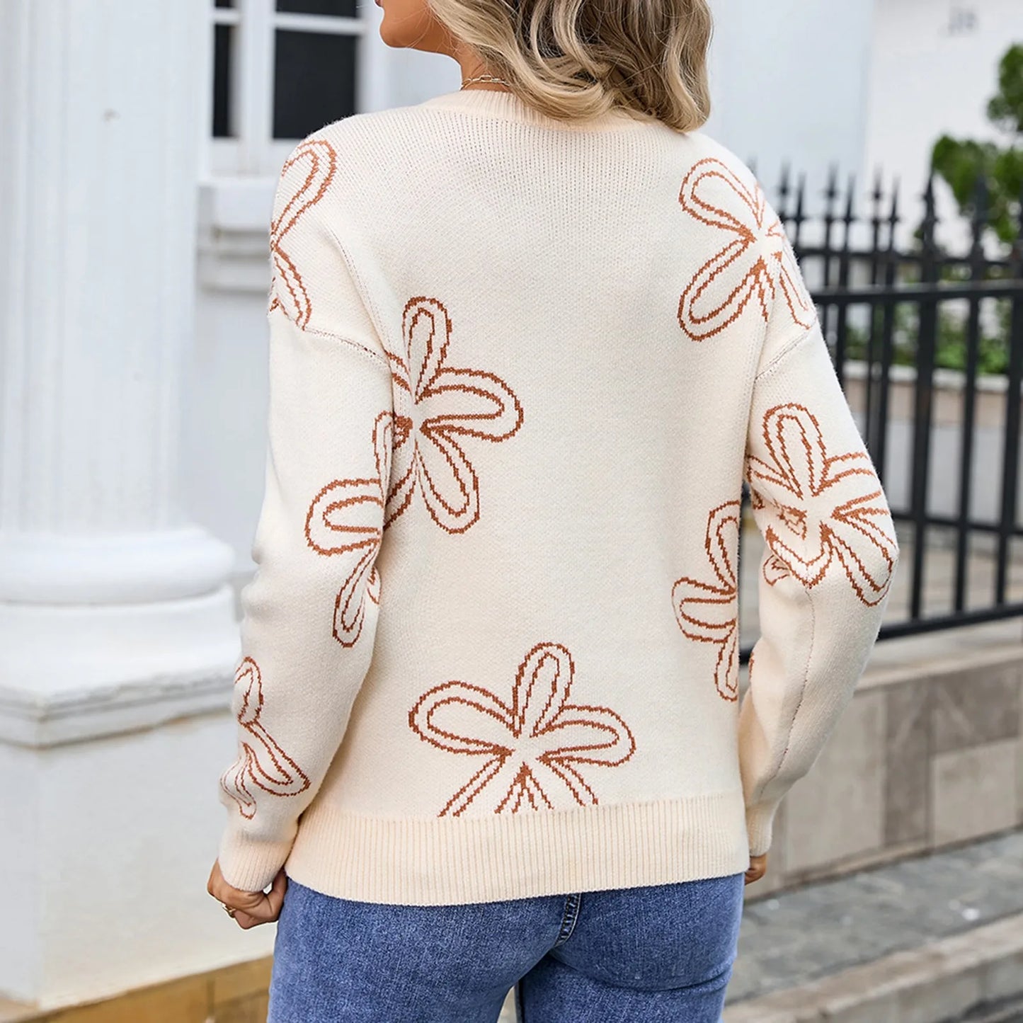 Sweaters- Floral Crewneck Sweater - Cozy Knit Jumper for Women- - IndioGear.com