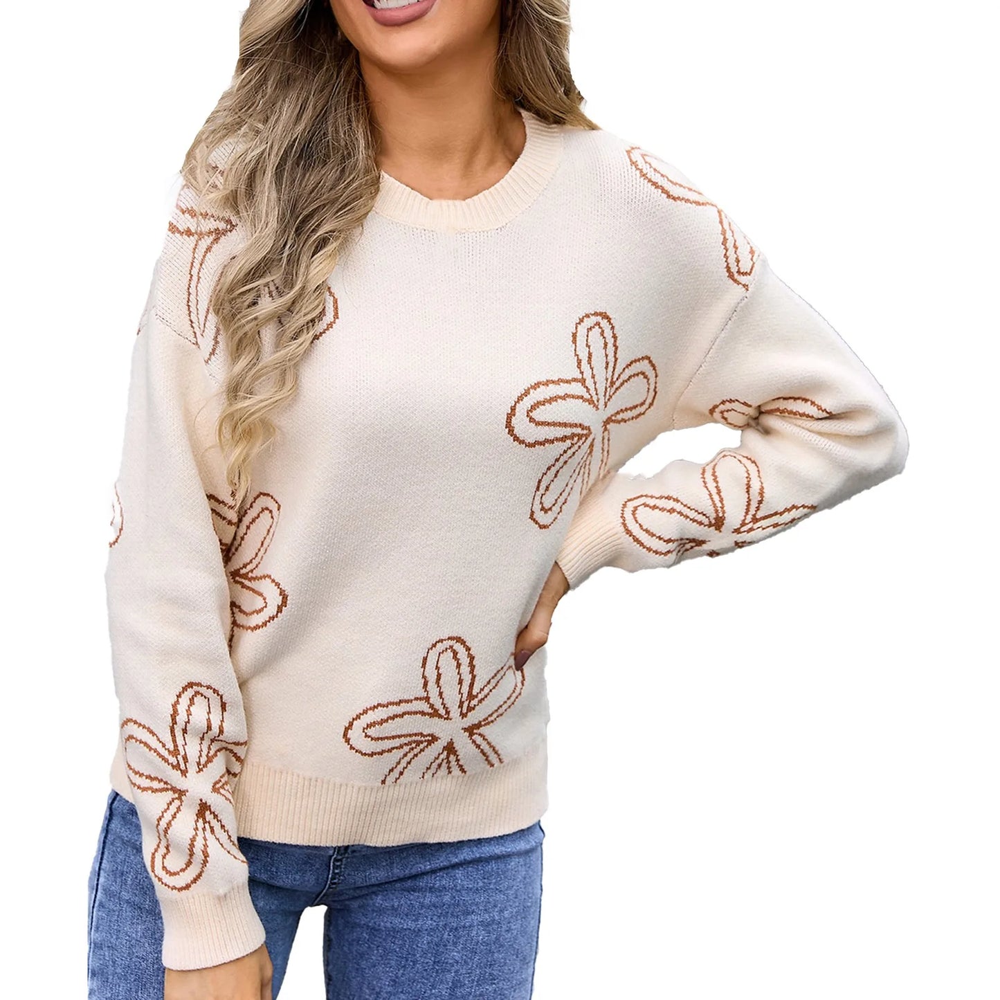 Sweaters- Floral Crewneck Sweater - Cozy Knit Jumper for Women- Camel- IndioGear.com