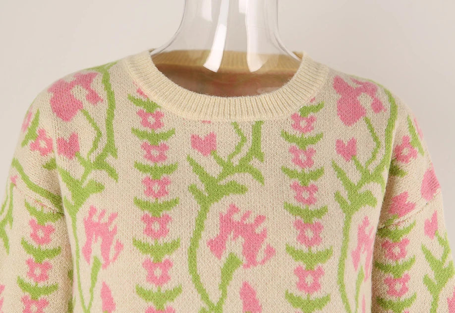 Sweaters- Floral & Geometric Patterned Crewneck Sweater for Women- - IndioGear.com