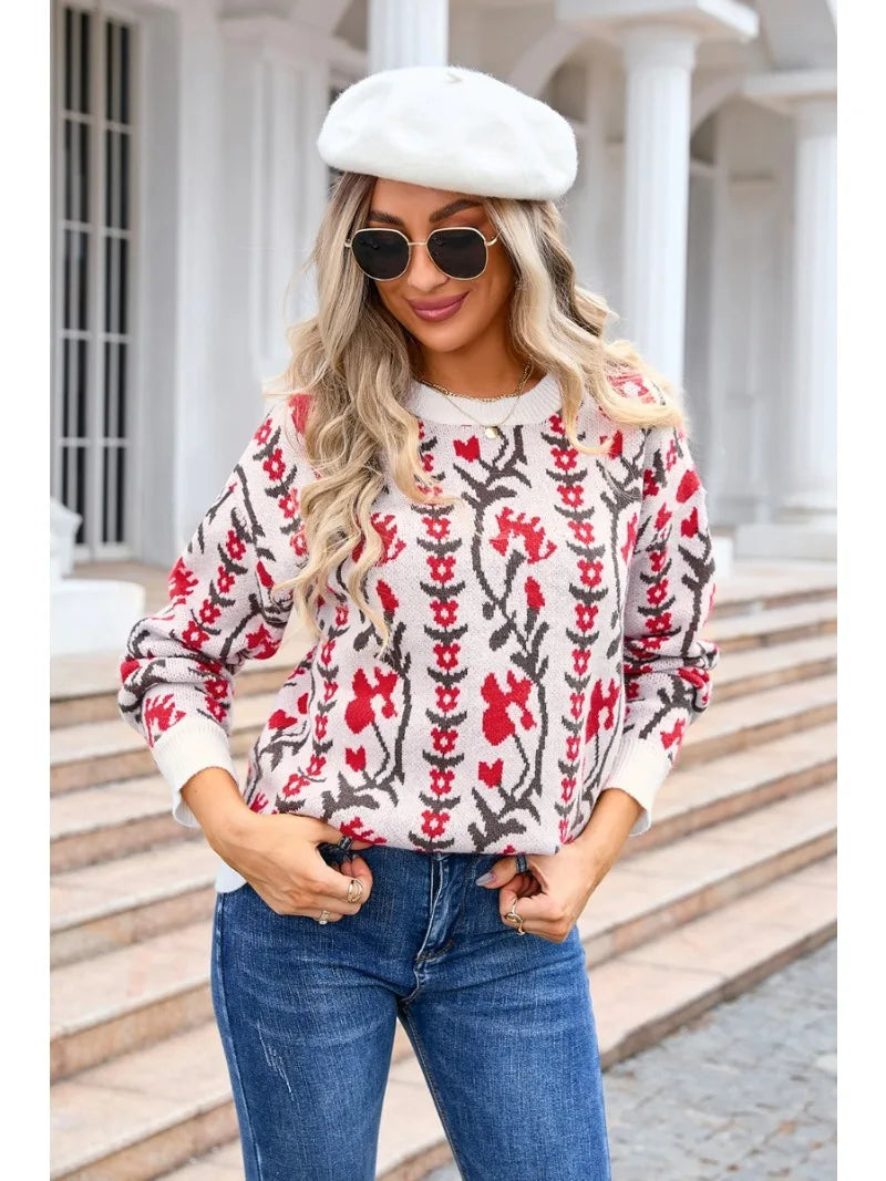 Sweaters- Floral & Geometric Patterned Crewneck Sweater for Women- - IndioGear.com