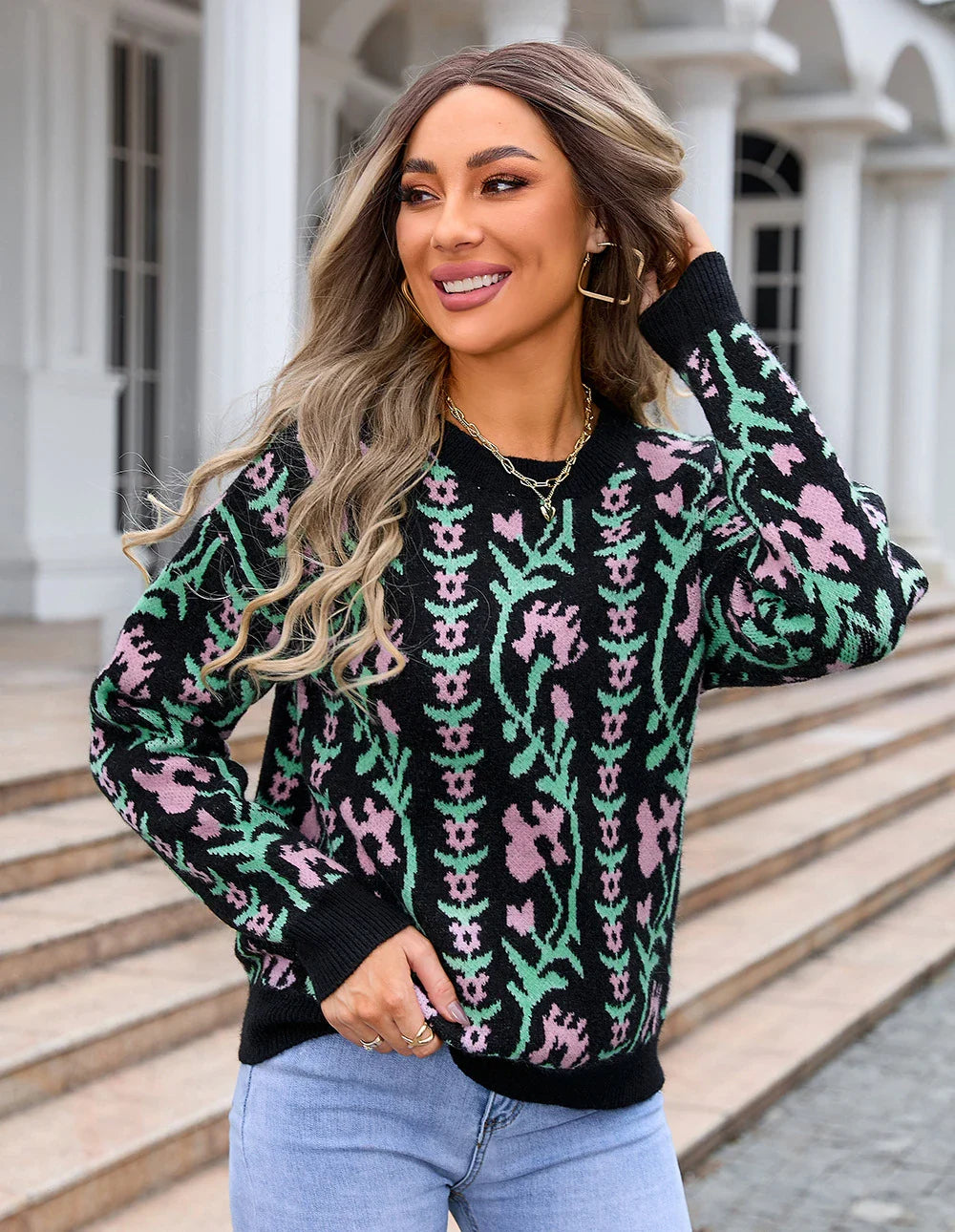 Sweaters- Floral & Geometric Patterned Crewneck Sweater for Women- - IndioGear.com