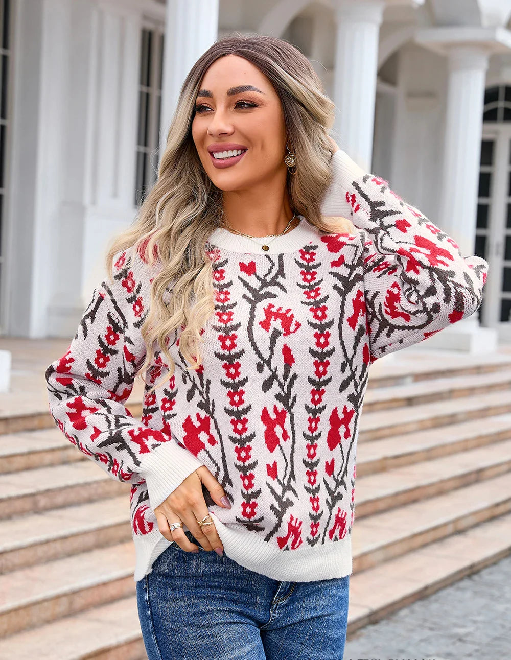 Sweaters- Floral & Geometric Patterned Crewneck Sweater for Women- - IndioGear.com