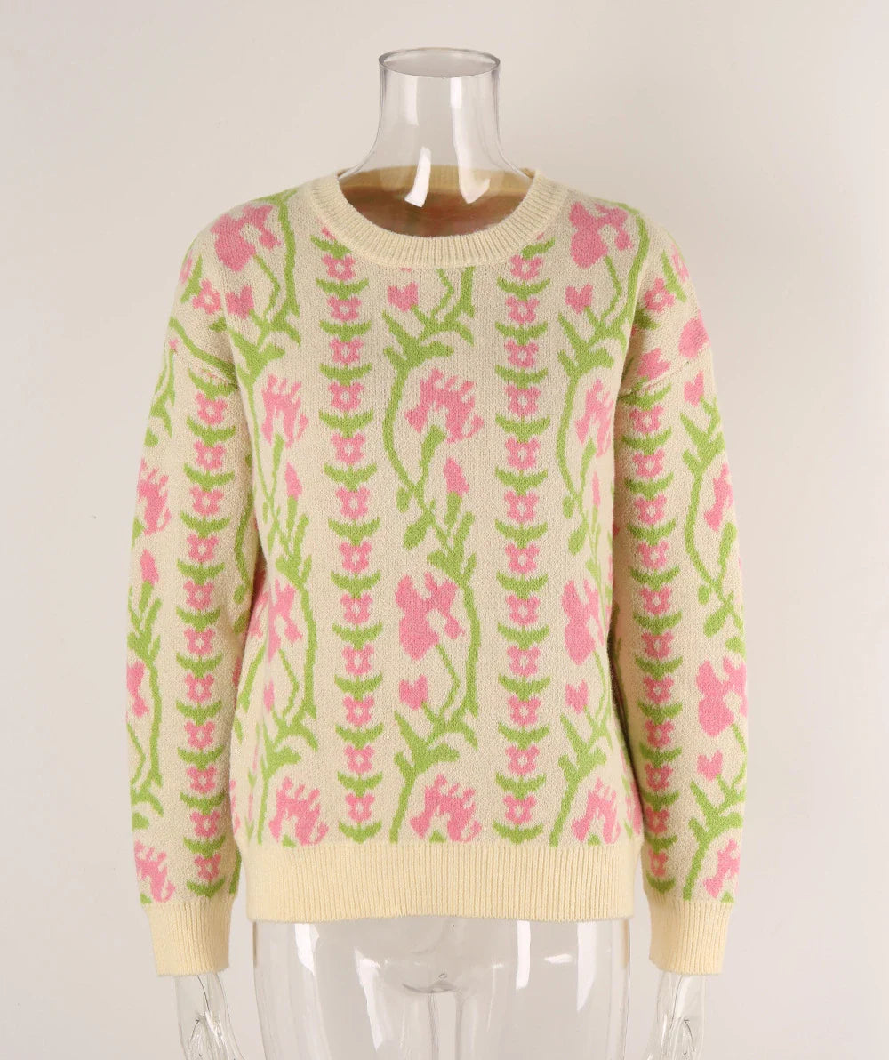 Sweaters- Floral & Geometric Patterned Crewneck Sweater for Women- - IndioGear.com