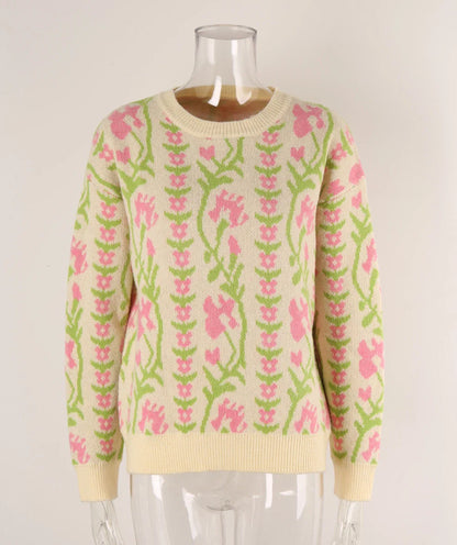 Sweaters- Floral & Geometric Patterned Crewneck Sweater for Women- - IndioGear.com