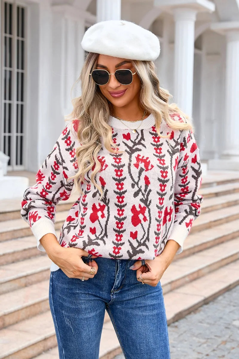 Sweaters- Floral & Geometric Patterned Crewneck Sweater for Women- - IndioGear.com