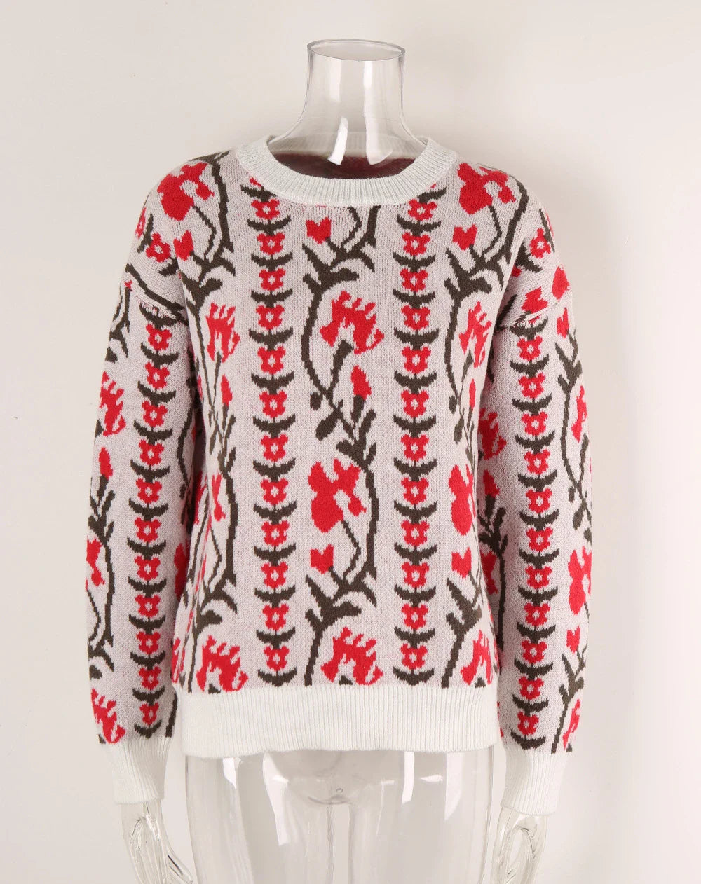 Sweaters- Floral & Geometric Patterned Crewneck Sweater for Women- - IndioGear.com