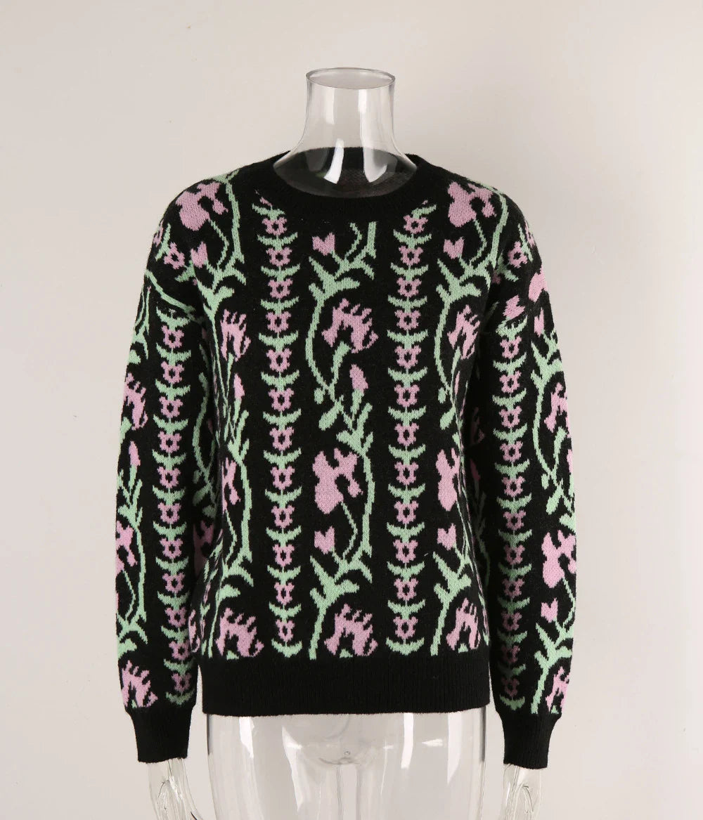 Sweaters- Floral & Geometric Patterned Crewneck Sweater for Women- - IndioGear.com