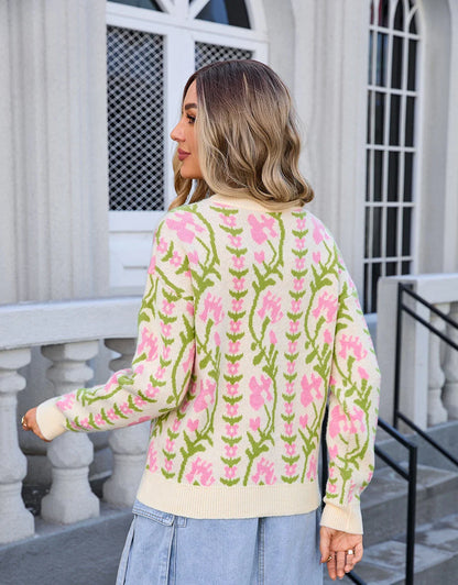 Sweaters- Floral & Geometric Patterned Crewneck Sweater for Women- - IndioGear.com