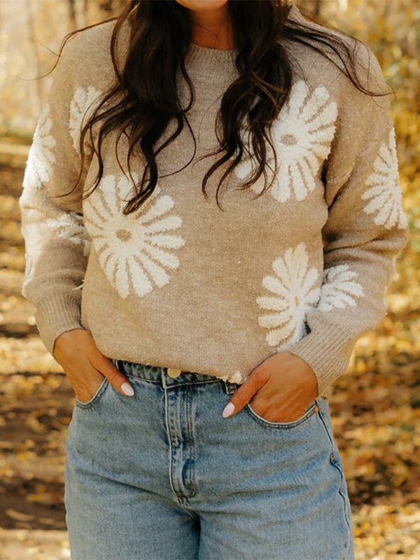 Sweaters- Floral Knitwear Jumper Flower Pattern Sweater for Women- - IndioGear.com