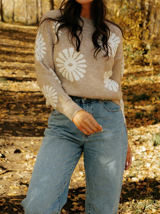 Sweaters- Floral Knitwear Jumper Flower Pattern Sweater for Women- Khaki- IndioGear.com