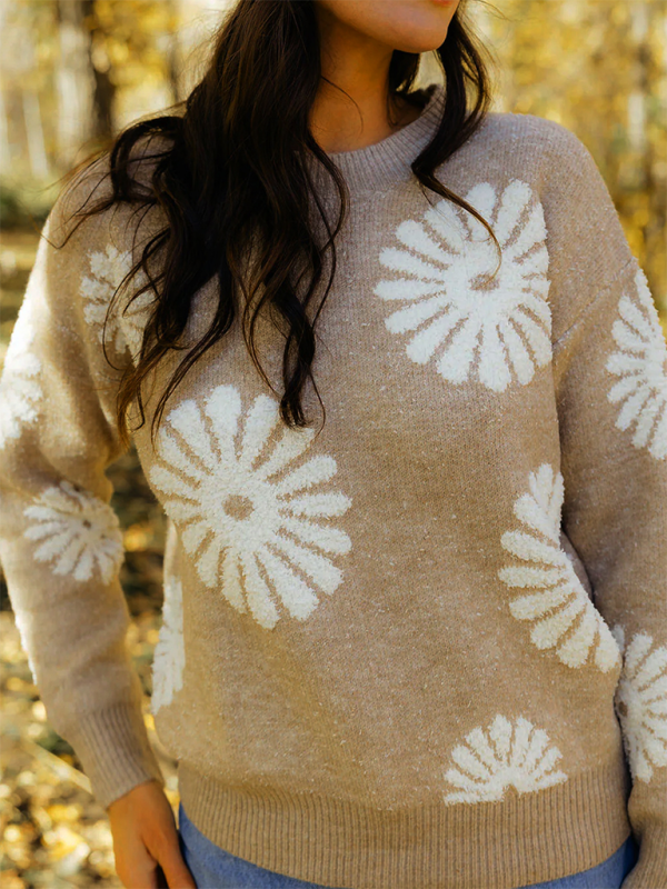 Sweaters- Floral Knitwear Jumper Flower Pattern Sweater for Women- - IndioGear.com