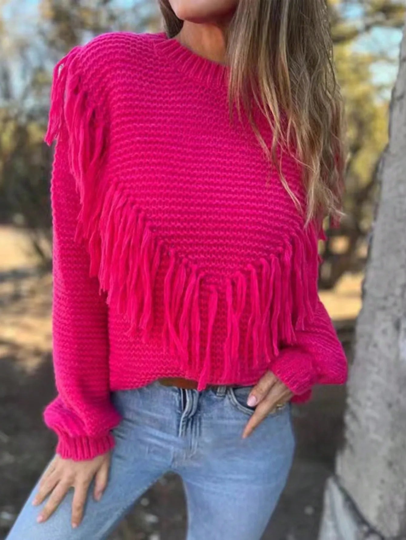 Sweaters- Fringe Lantern Sleeve Sweater Knit Pullover- Hot pink- IndioGear Women Clothing