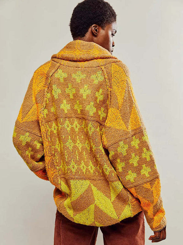 Sweaters- Geometric Casual Cardigan Shawl Collar Sweater- Yellow- IndioGear Women Clothing