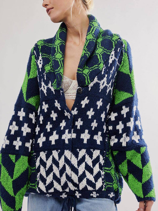 Sweaters- Geometric Casual Cardigan Shawl Collar Sweater- Green- IndioGear Women Clothing