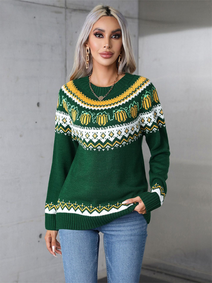 Sweaters- Halloween-Inspired Pumpkin Fair Isle Knit Sweater- Green- IndioGear.com