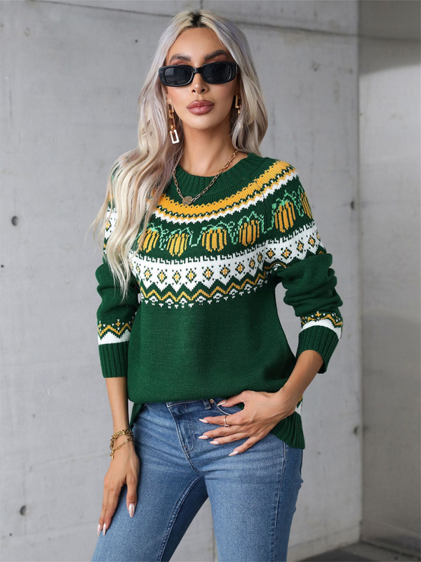 Sweaters- Halloween-Inspired Pumpkin Fair Isle Knit Sweater- - IndioGear.com