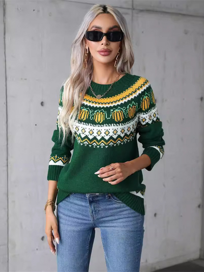 Sweaters- Halloween-Inspired Pumpkin Fair Isle Knit Sweater- - IndioGear.com