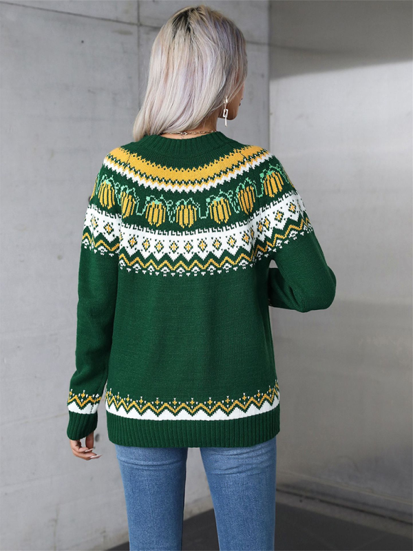 Sweaters- Halloween-Inspired Pumpkin Fair Isle Knit Sweater- - IndioGear.com