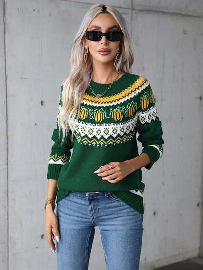 Sweaters- Halloween-Inspired Pumpkin Fair Isle Knit Sweater- - IndioGear.com