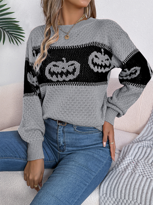 Sweaters- Halloween Pumpkin Face Sweater Autumn Festive Jumper- Grey- IndioGear.com