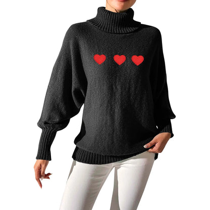 Sweaters- Heart Pattern Sweater Turtleneck Jumper- Black- IndioGear.com