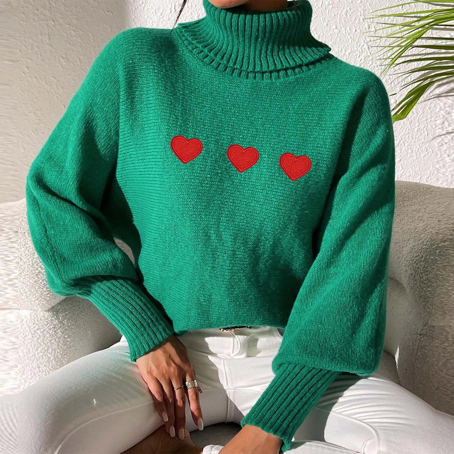 Sweaters- Heart Pattern Sweater Turtleneck Jumper- - IndioGear.com