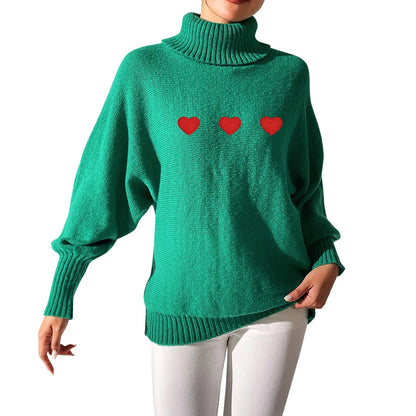 Sweaters- Heart Pattern Sweater Turtleneck Jumper- Green- IndioGear.com