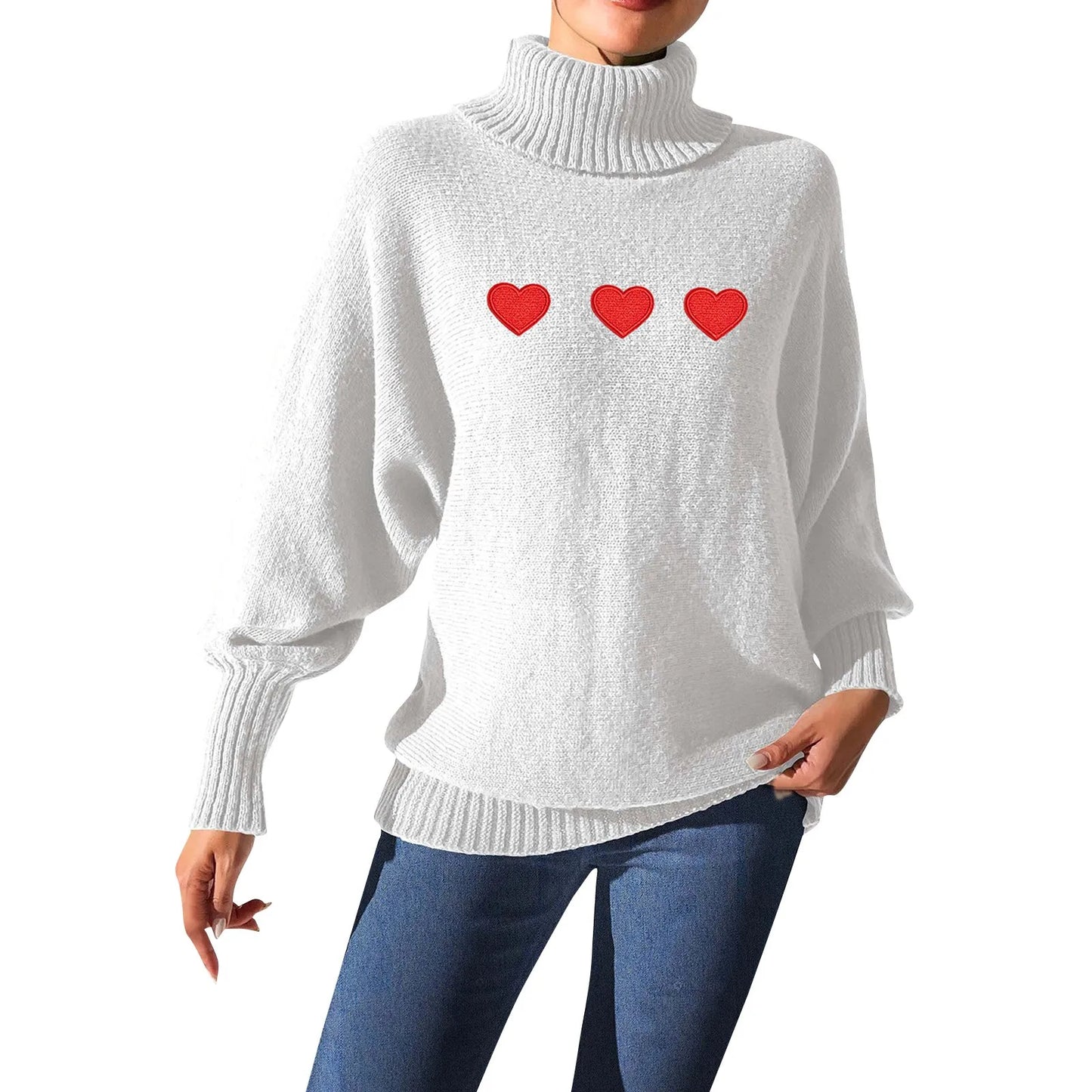 Sweaters- Heart Pattern Sweater Turtleneck Jumper- White- IndioGear.com