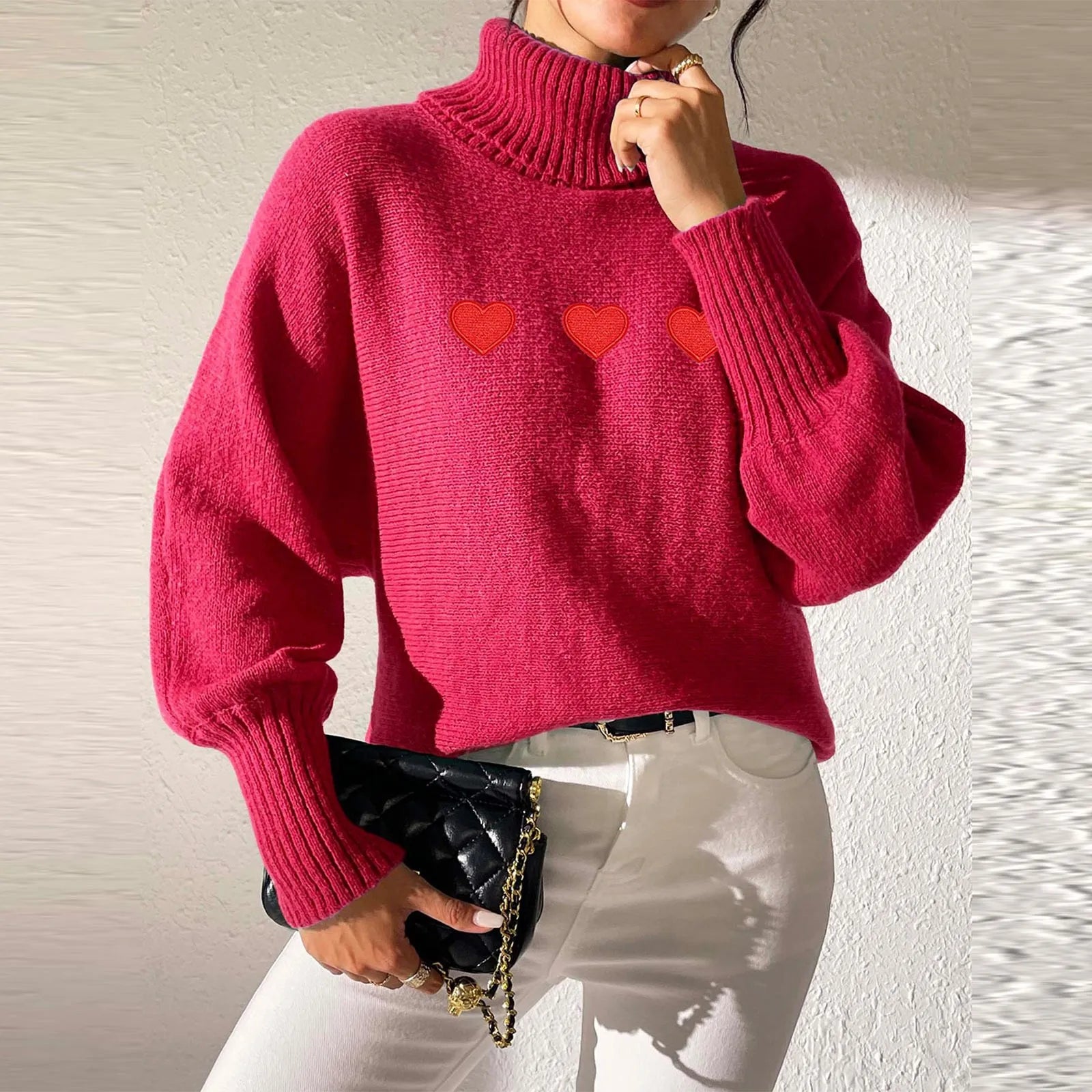 Sweaters- Heart Pattern Sweater Turtleneck Jumper- - IndioGear.com