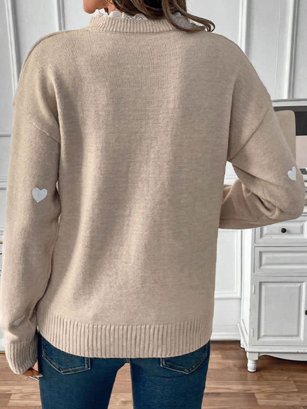 Sweaters- Heartfelt Lace Neck Jumper Love Pattern Sweater- - IndioGear Women Clothing