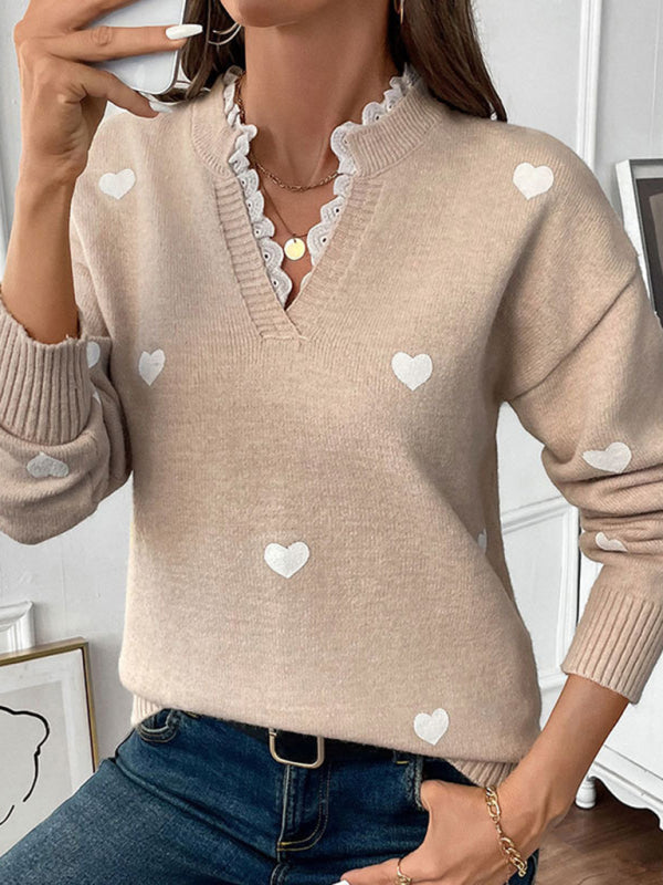 Sweaters- Heartfelt Lace Neck Jumper Love Pattern Sweater- - IndioGear Women Clothing