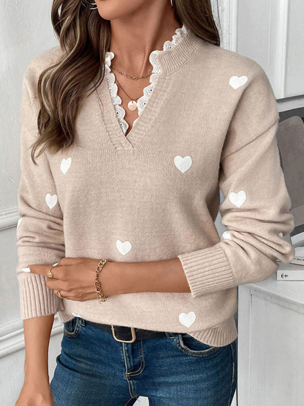 Sweaters- Heartfelt Lace Neck Jumper Love Pattern Sweater- - IndioGear Women Clothing