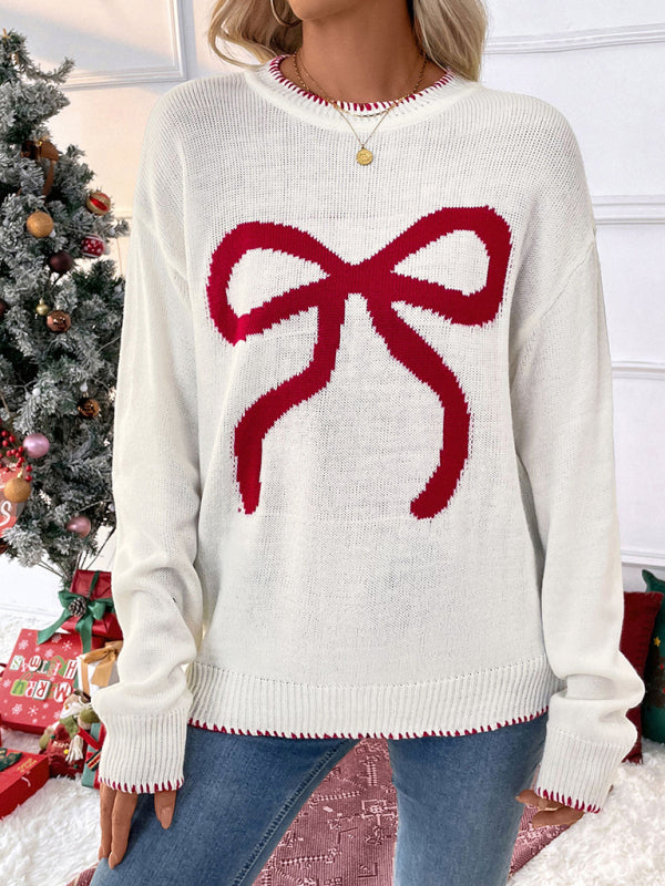 Sweaters- Holiday Cheer Bow Sweater Xmas Knitted Jumper- - IndioGear Women Clothing