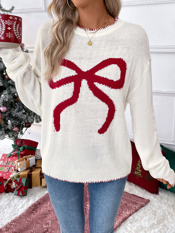 Sweaters- Holiday Cheer Bow Sweater Xmas Knitted Jumper- - IndioGear Women Clothing