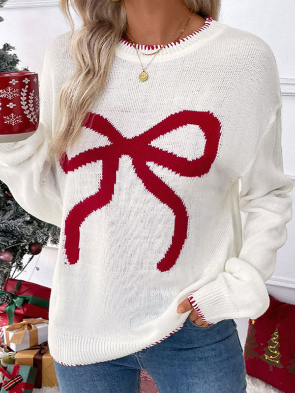 Sweaters- Holiday Cheer Bow Sweater Xmas Knitted Jumper- - IndioGear Women Clothing