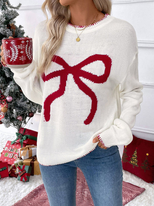 Sweaters- Holiday Cheer Bow Sweater Xmas Knitted Jumper- Cream- IndioGear Women Clothing