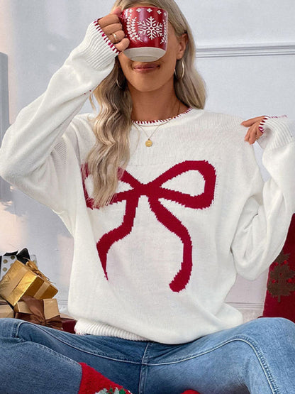 Sweaters- Holiday Cheer Bow Sweater Xmas Knitted Jumper- - IndioGear Women Clothing