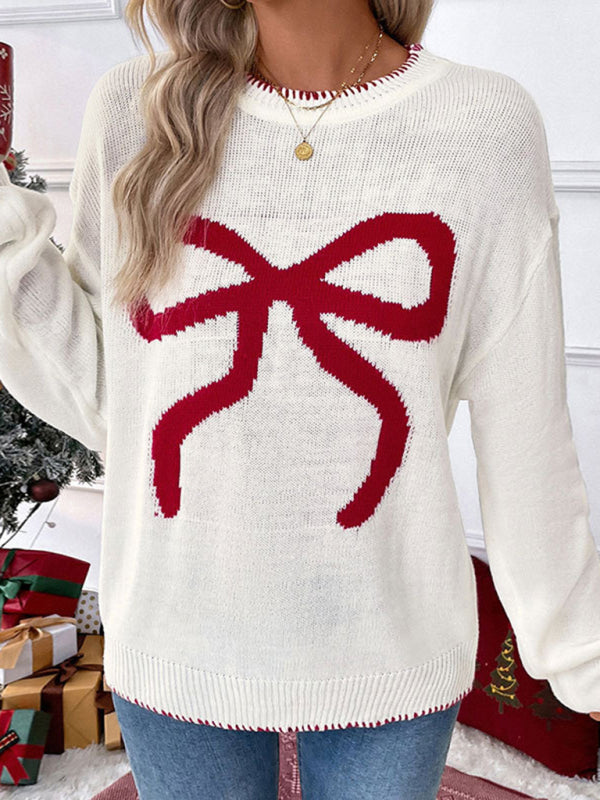 Sweaters- Holiday Cheer Bow Sweater Xmas Knitted Jumper- - IndioGear Women Clothing