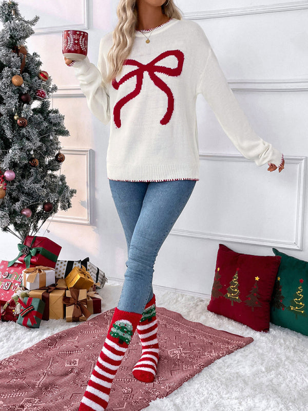 Sweaters- Holiday Cheer Bow Sweater Xmas Knitted Jumper- - IndioGear Women Clothing