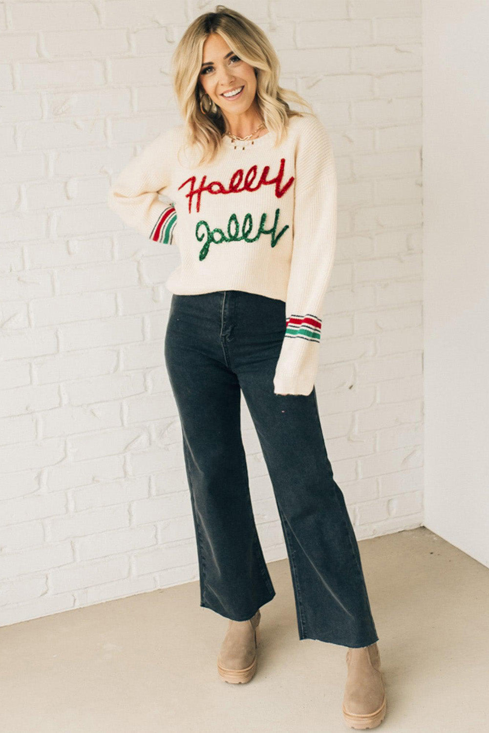 Sweaters- Holly Jolly Festive Sweater Christmas Jumper- - IndioGear Women Clothing