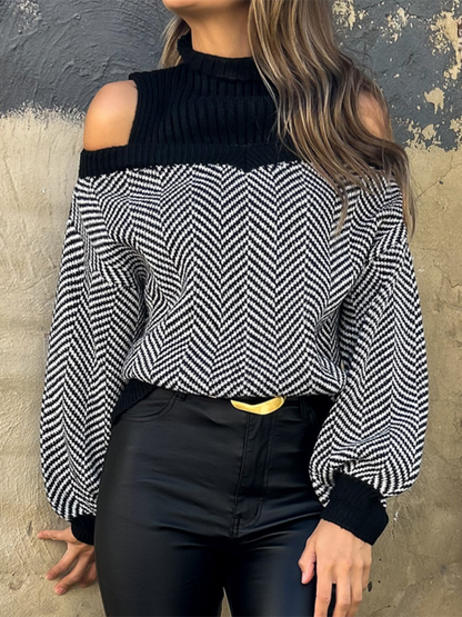 Sweaters- Houndstooth Cold-Shoulder Sweater for Women- - IndioGear.com