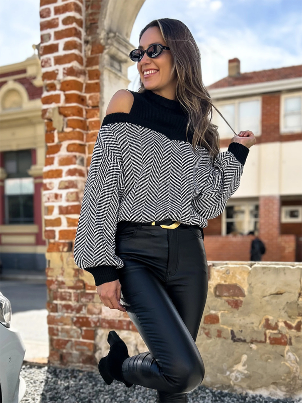 Sweaters- Houndstooth Cold-Shoulder Sweater for Women- - IndioGear.com