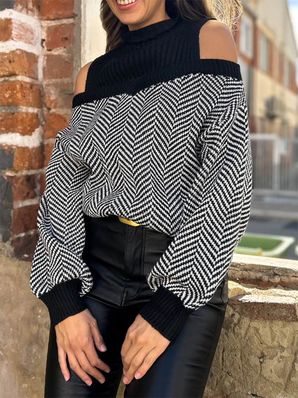 Sweaters- Houndstooth Cold-Shoulder Sweater for Women- - IndioGear.com