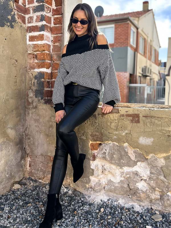 Sweaters- Houndstooth Cold-Shoulder Sweater for Women- - IndioGear.com