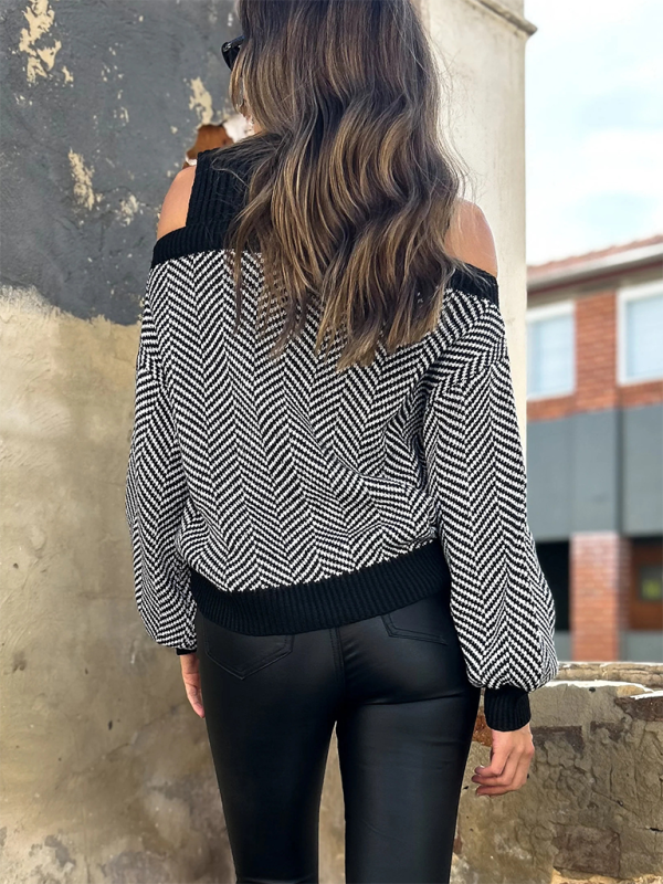 Sweaters- Houndstooth Cold-Shoulder Sweater for Women- - IndioGear.com