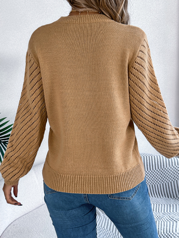 Sweaters- Knit Sweater with Bishop Sleeves for Stylish Layering- - IndioGear.com