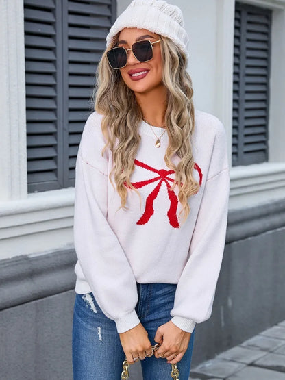 Sweaters- Ladies' Cozy Bow Crewneck Sweater - Essential Winter Wear- - IndioGear.com