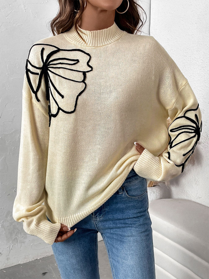 Sweaters- Leaf Embroidered High-Neck Sweater- - IndioGear.com