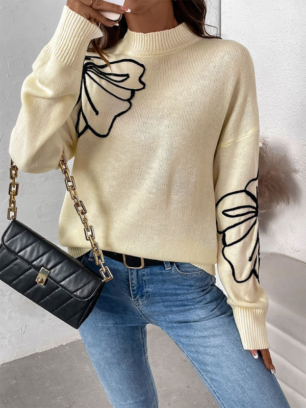 Sweaters- Leaf Embroidered High-Neck Sweater- - IndioGear.com