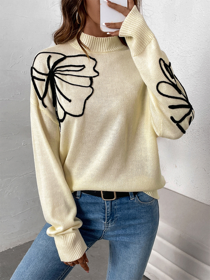 Sweaters- Leaf Embroidered High-Neck Sweater- - IndioGear.com